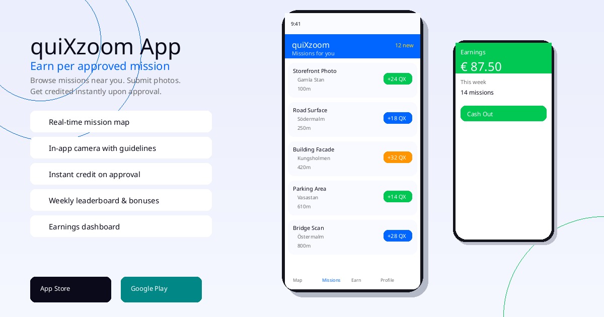 quiXzoom iOS app screenshot — browse missions, submit photos, track earnings on iPhone