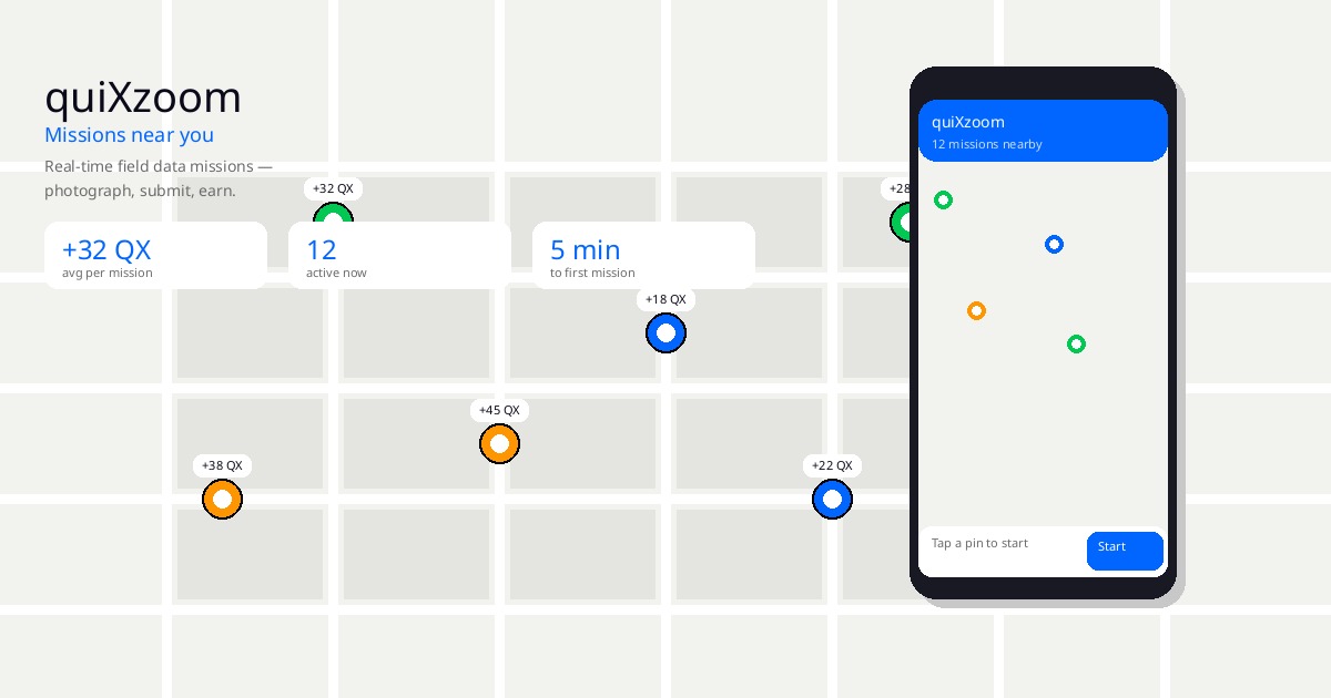 quiXzoom app mission map showing available paid photo missions near you