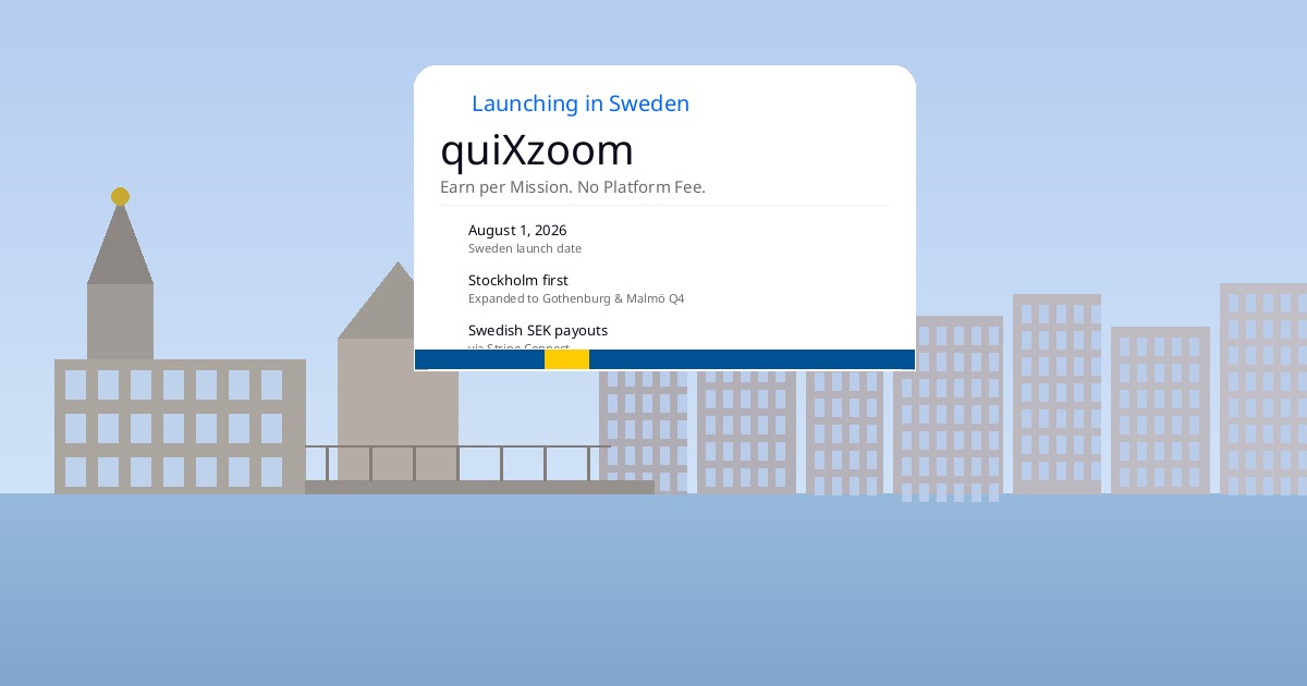 quiXzoom Sweden launch — Stockholm August 2026, 5 markets in phased rollout